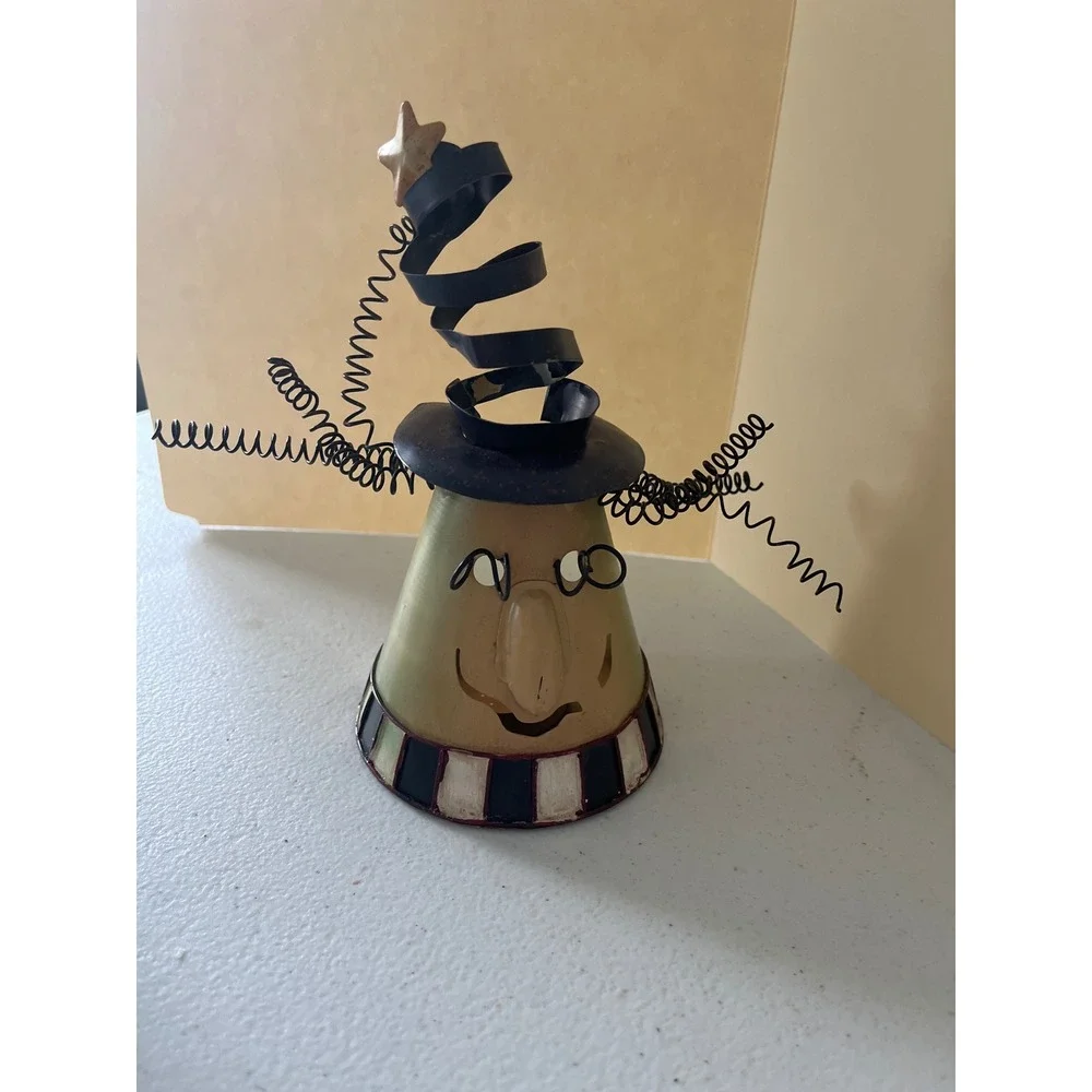 Vintage Halloween Metal Witch Tea Light Candle Holder Folk Art Decor Green Black